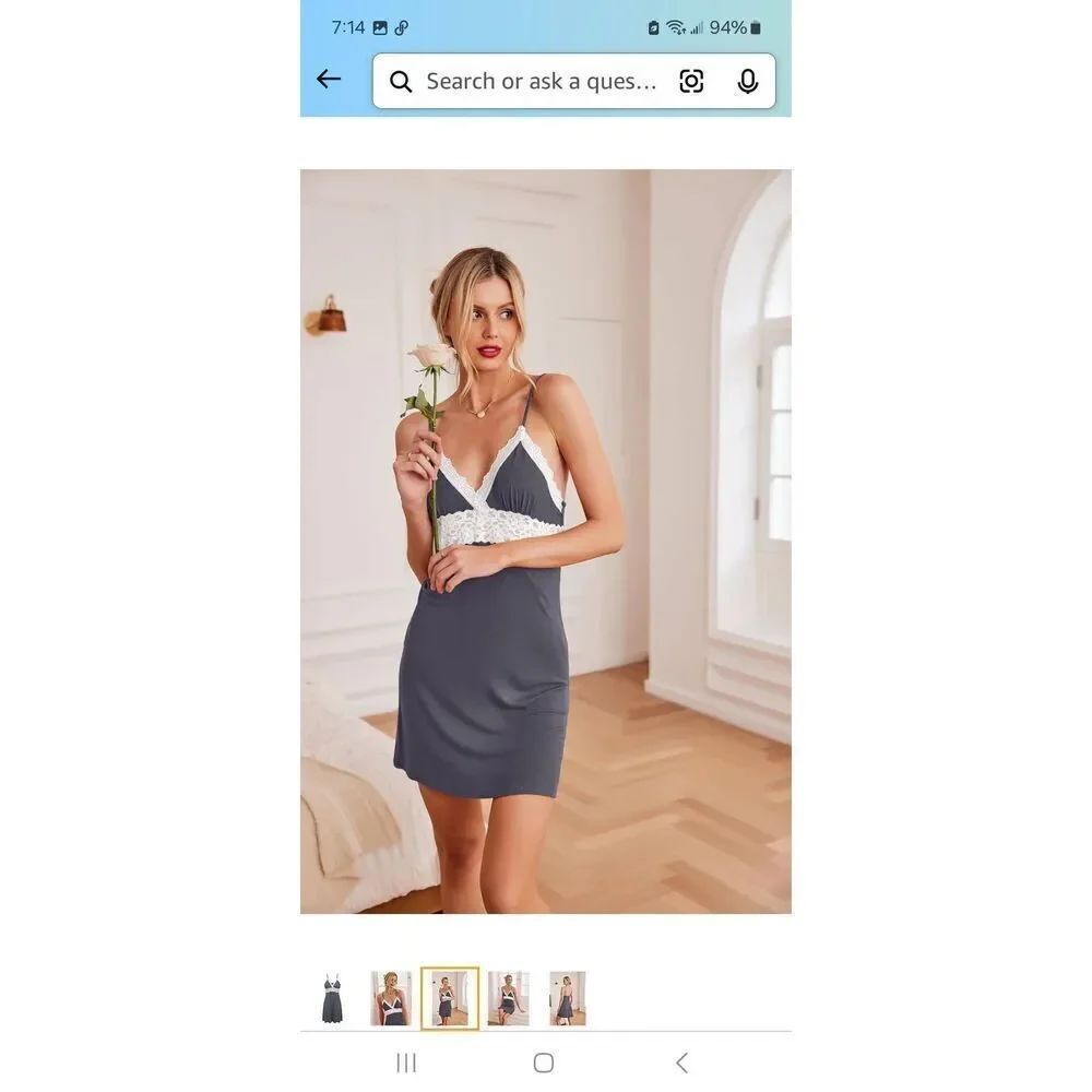 New Large Ekouaer Sleepware Chemise Nightgown Lace Loungewear Dress Grey